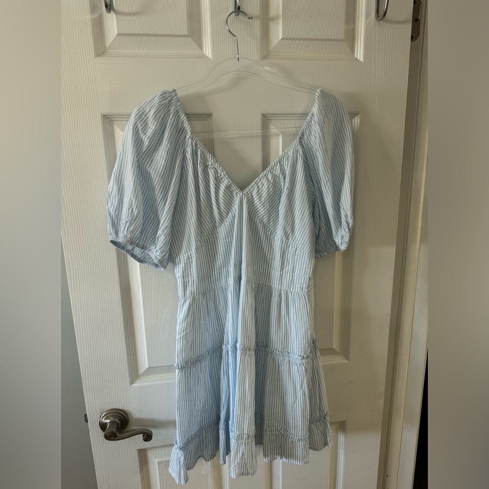 Blue and White stripped dress with puff sleeves. Perfect for summer!